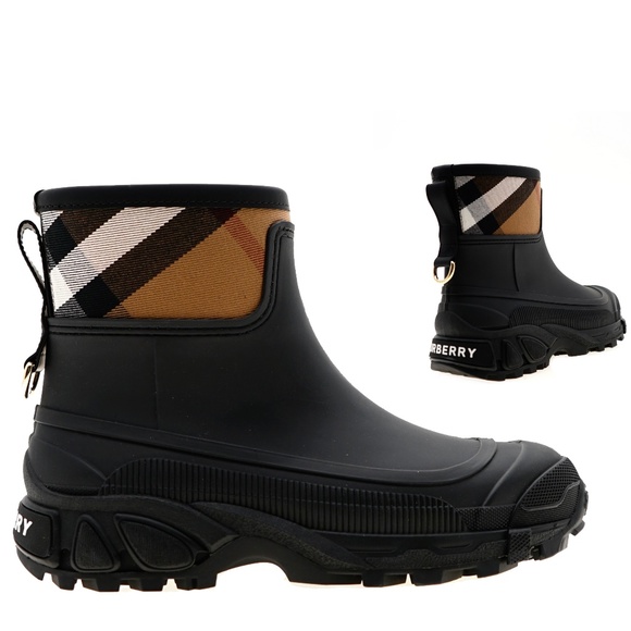 Burberry Shoes - Burberry Black & Tan Short Checked Rain Boots